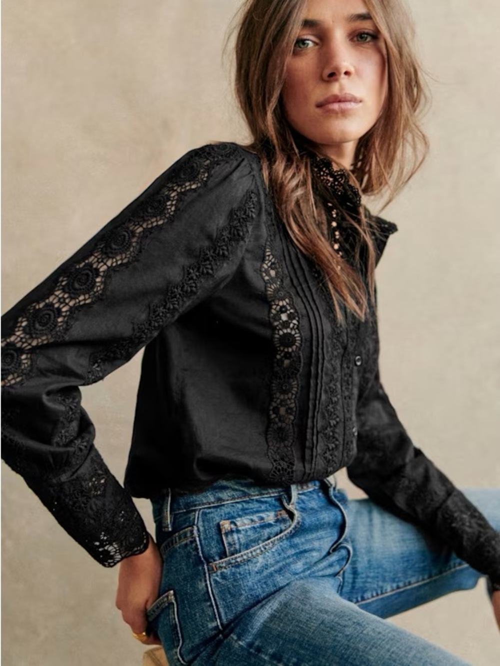 SEZANE NWT Black Floral Embroidered Crochet Lace Button Down Rym Shirt Blouse - Picture 16 of 16
